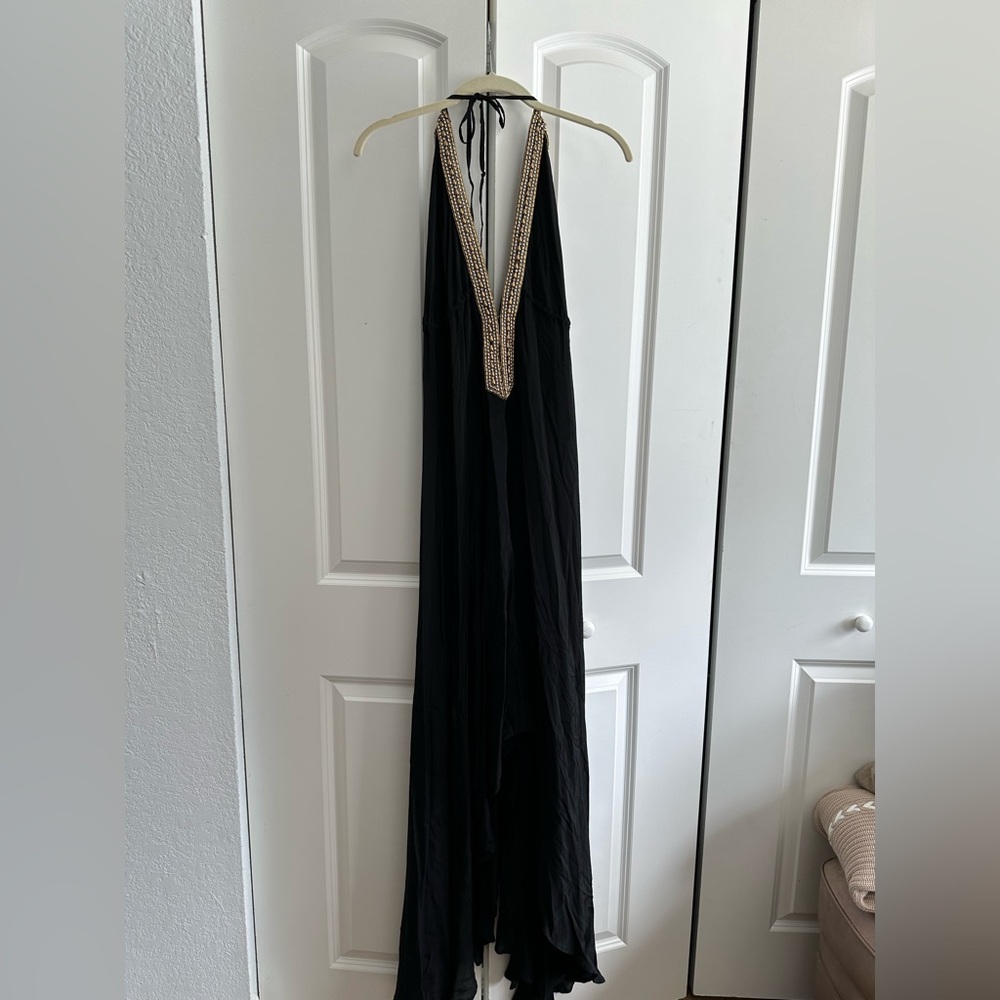 ASA KAFTANS Elegant Black Backless Dress with Gold Trim
